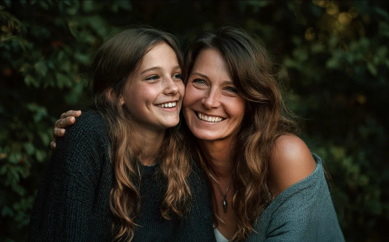 Eine Mutter und ihre Tochter vor einer grünen Wand aus Blättern